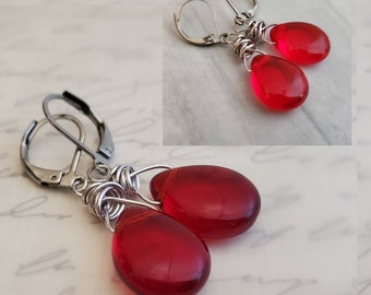 Poppy Red Czech Glass Teardrop Earrings: Antiqued Silver Wire Wrapped Dangles