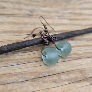 Rustic Aqua Blue Green Recycled African Sea Glass Earrings Wrapped in Copper, Boho SeaGlass Earrings in Oxidized Copper, Choose Your Length
