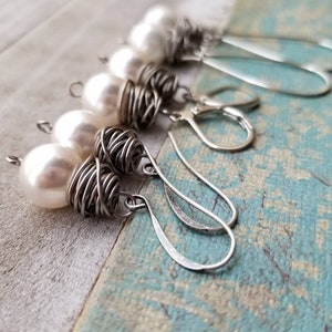 White Pearl Earrings, Messy Wire Wrap, Dangle White Pearl Earrings, Statement, Messy Wire Wrap Boho Pearl, Long Dangle