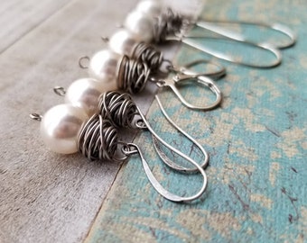 White Pearl Earrings, Messy Wire Wrap, Dangle White Pearl Earrings, Statement, Messy Wire Wrap Boho Pearl, Long Dangle