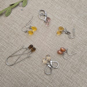 Tiny Yellow Amber Orange Champagne Brown Czech Glass Teardrop Dangle Earrings: Stainless Steel Leverback