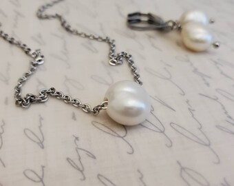 Baroque White Freshwater Floating Pearl Pendant Necklace and Earrings in stainless steel