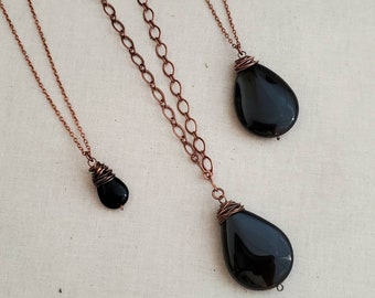 Black Onyx Teardrop Pendant in Antiqued Copper, Black Onyx Necklace, Black Gemstone Pendant, Wire Wrapped