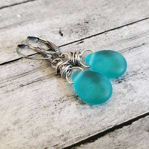 Seafoam Czech Sea Glass Teardrop Earrings, Wire Wrapped, Rich Aqua Glass Teardrop Earrings, Aqua, Matte Glass Teardrop Earrings