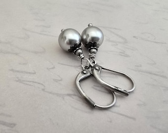 Petite Light Gray Swarovski Pearl Dangle Earrings in Antiqued Silver