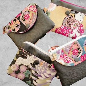 Monedero con cremallera y tarjetero en polipiel y tejido de kimono japonés - Minibolso de estilo minimalista - Regalo para mujer - Precio bajo