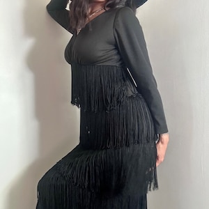 1960s-1970s Black Fringe Maxi Dress, 70s Fringe Dress, 70s Party dress, Vintage Fringe Dress, 70s Black Gothic Dress, Black Fringe Dress