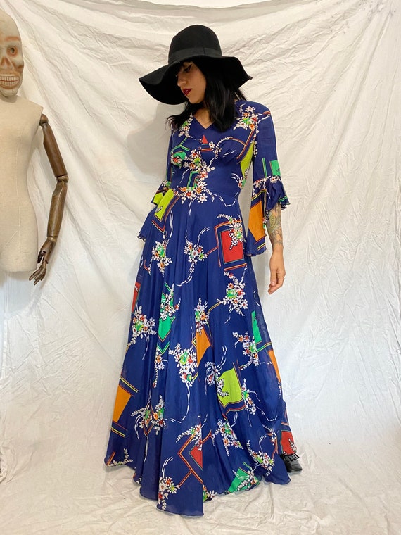 1960s-1970s Biba Style Floral Bohemian Maxi Dress,
