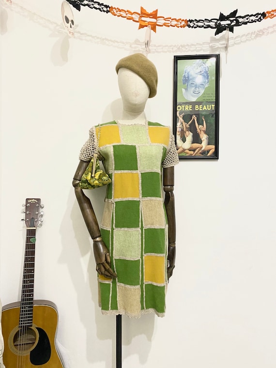 1960s Mod Patchwork Crocheted Mini Dress, 60s Mini