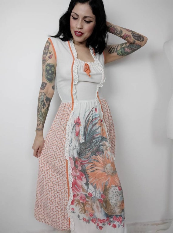 1970s does 1940s Rooster Novelty Print Sun Dress,