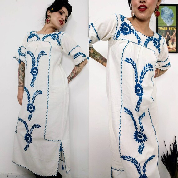 Vintage 1970s White Cotton Oaxacan Hand EMBROIDERE