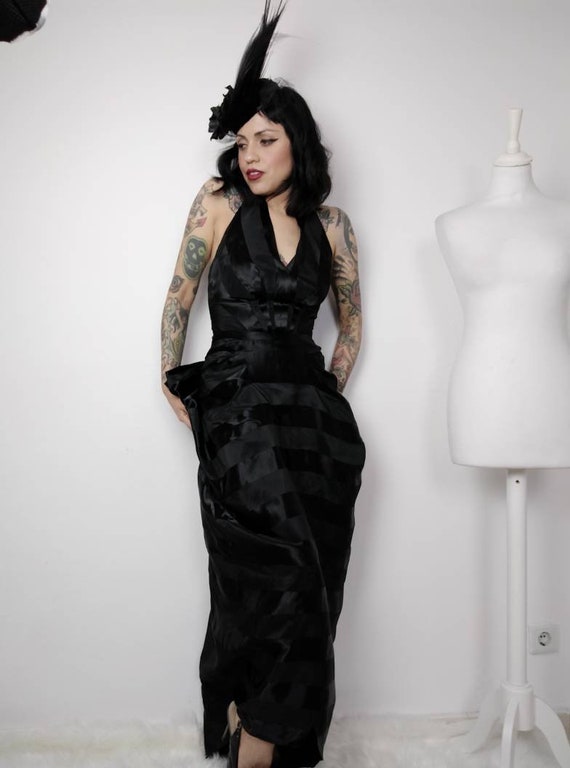 40s STRIPED SATIN Halter Gown Femme Fatale Evening