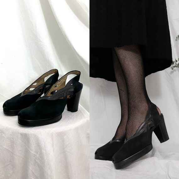 1940s Black Leather Platform Peep toe heels, 1940s