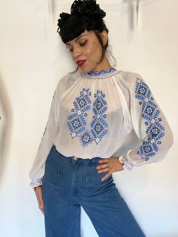 1940s-1950s Hungarian Embroidered Peasant Blouse,