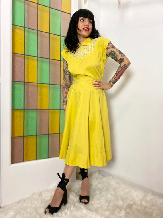 1940s Chartreuse Embroidered Cotton Day Dress, 194