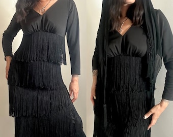1960s-1970s Black Fringe Maxi Dress, 70s Fringe Dress, 70s Party dress, Vintage Fringe Dress, 70s Black Gothic Dress, Black Fringe Dress