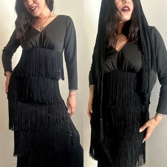 1960s-1970s Black Fringe Maxi Dress, 70s Fringe Dr