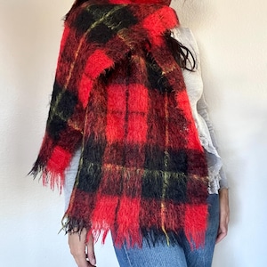 Vintage Mohair Plaid Scarf,  1960s Mohair Scarf, Fuzzy Mohair Scarf, Vintage Wool Scarf, 1960s Mohair Scarf, White Mohair Scarf, Scarf