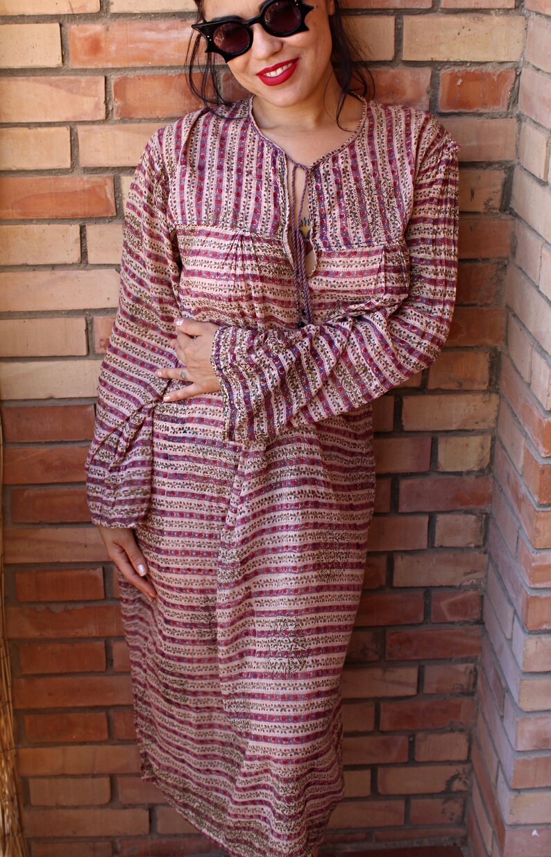Indian Gauze Cotton Bohemian Gypsy Dress vintage 1970s Indian cotton Dress sheer Cotton dress Boho Maxi Dress