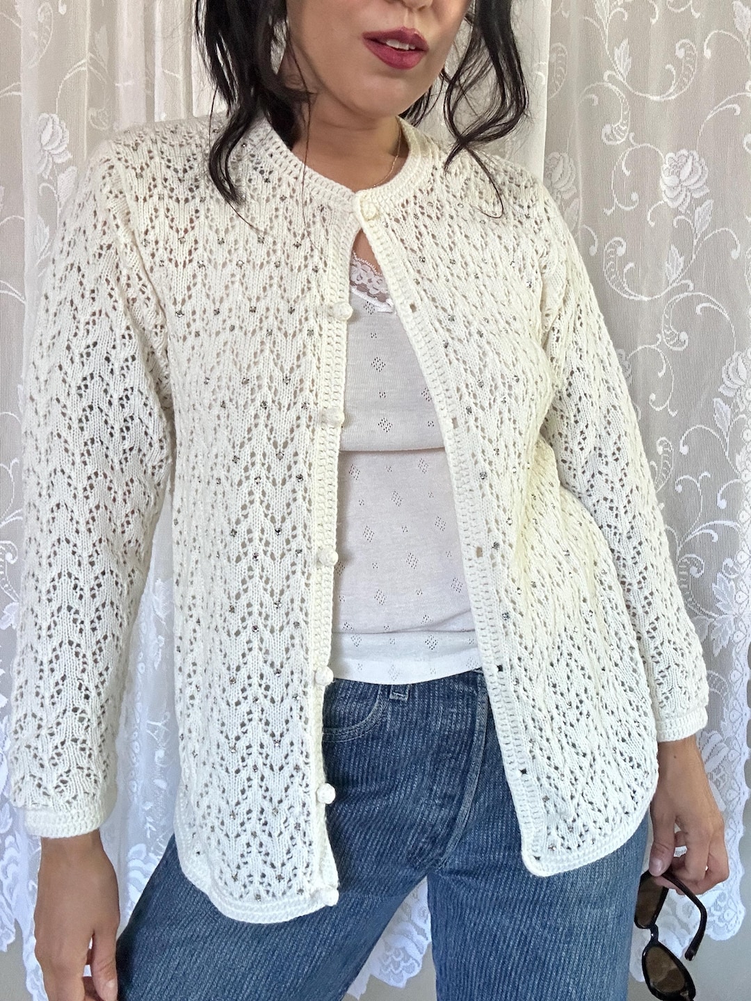 1960s Cotton Crochet Cardigan with Floral Design