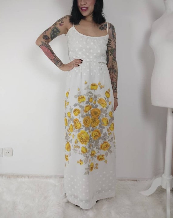 1960s-1970s Yellow Rose Maxi Sun Dress, 60s Maxi D