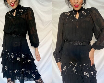 1970s Black Floral Dress, 70s Bohemian dress, 70s Rayon Dress, Stevie Nicks, Sheer Black Dress