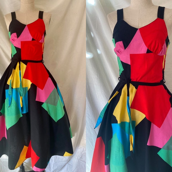 1980s Colour-block Dress, 80s Cotton Midi Dress, 80s Midi dress, 1980s Day Dress, 1980s Fit and Flare Dress