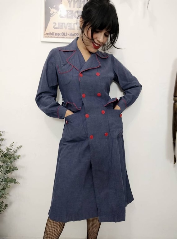 1940s French Indigo Chambray Work Wear Dress, Vint