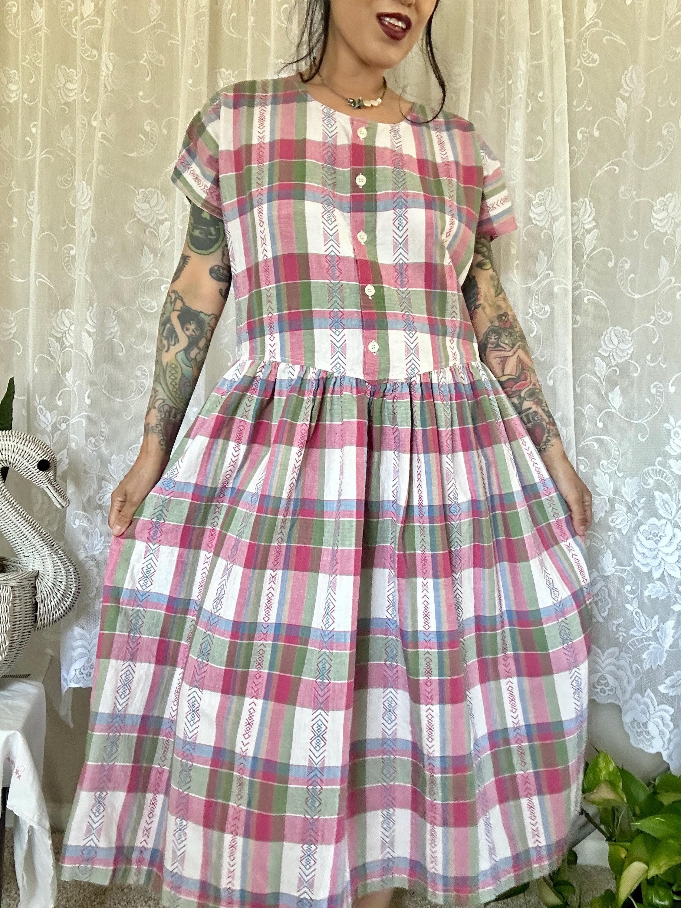 1990s Plaid Cotton Dress, 1990s Cotton Dress, Cottagecore Dress, Cotton Plaid Sun Dress, 90s Midi dress, 90s Summer Dress, Large