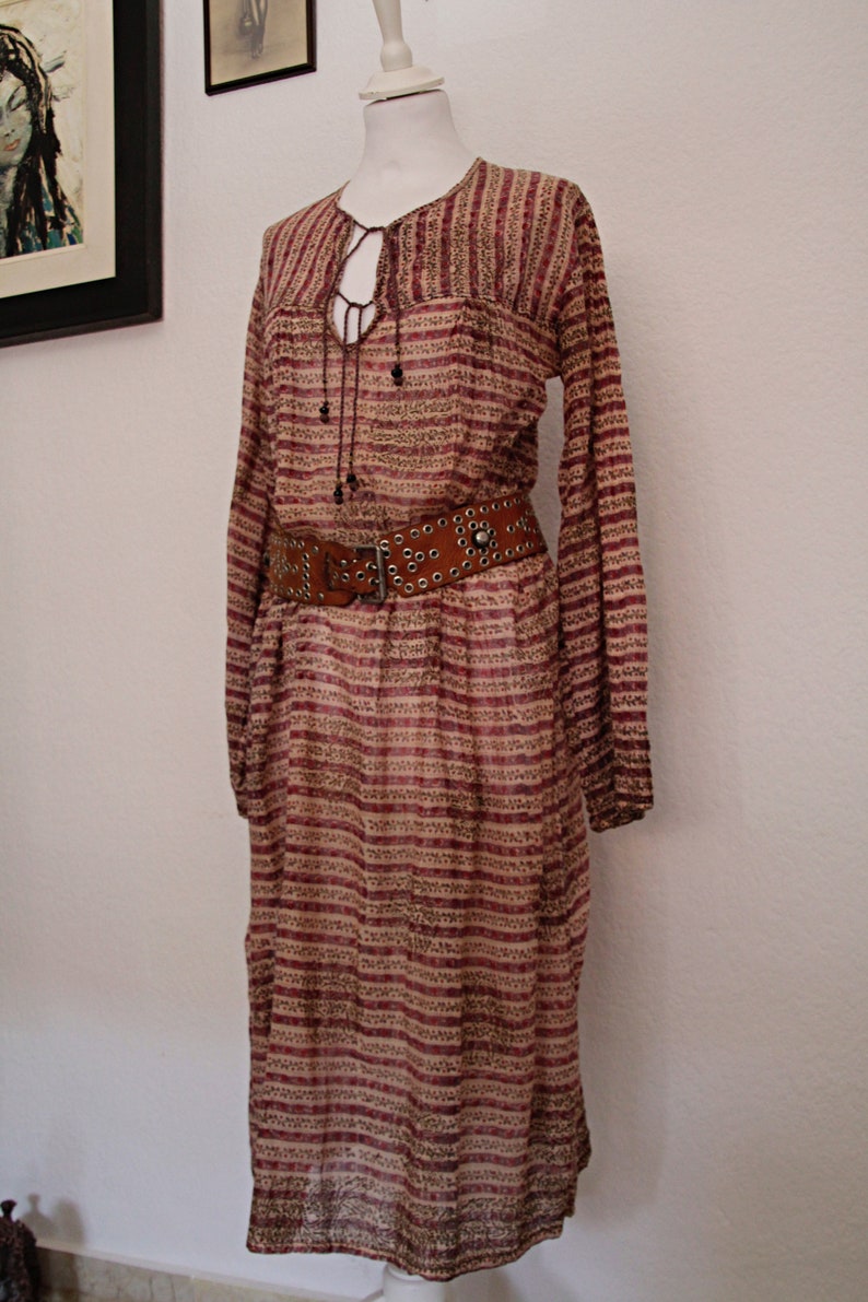 Indian Gauze Cotton Bohemian Gypsy Dress vintage 1970s Indian cotton Dress sheer Cotton dress Boho Maxi Dress