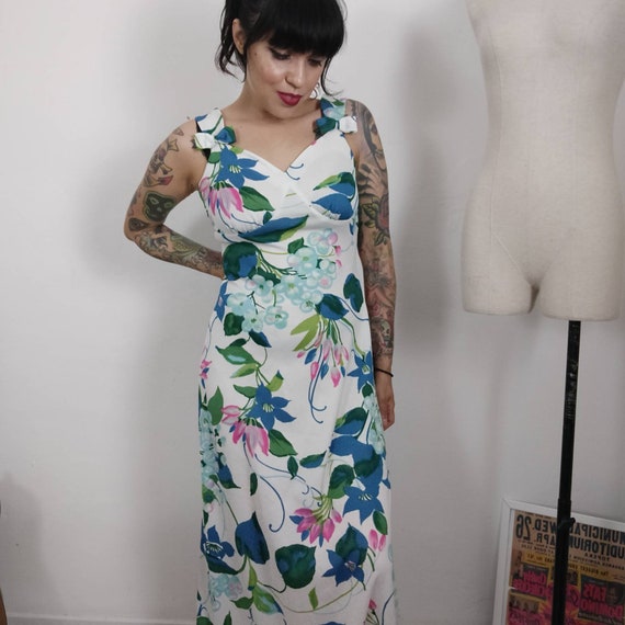1960s Blue Floral Maxi Dress, 60s Ditsy Maxi Dress