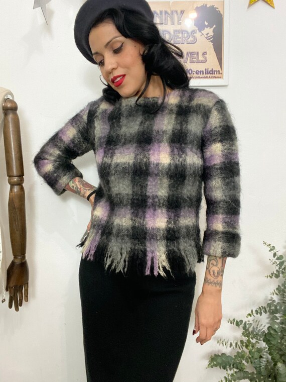 1950s Beatnik Plaid Fuzzy Mohair Pullover Sweater,