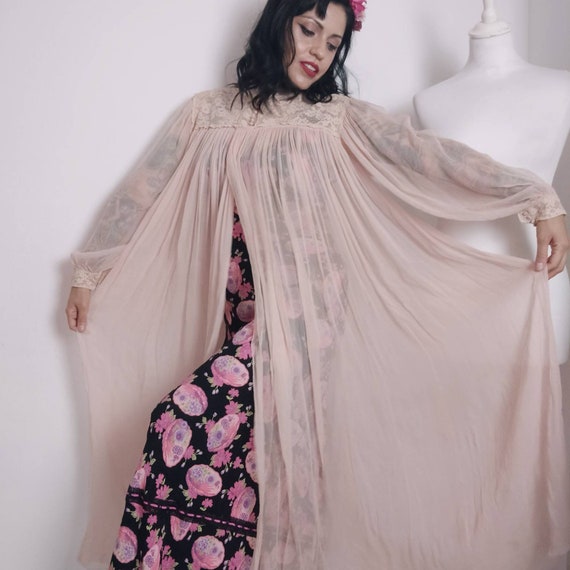 1930s Silk Sheer Peignoir Robe, Ballon Sleeves, 19