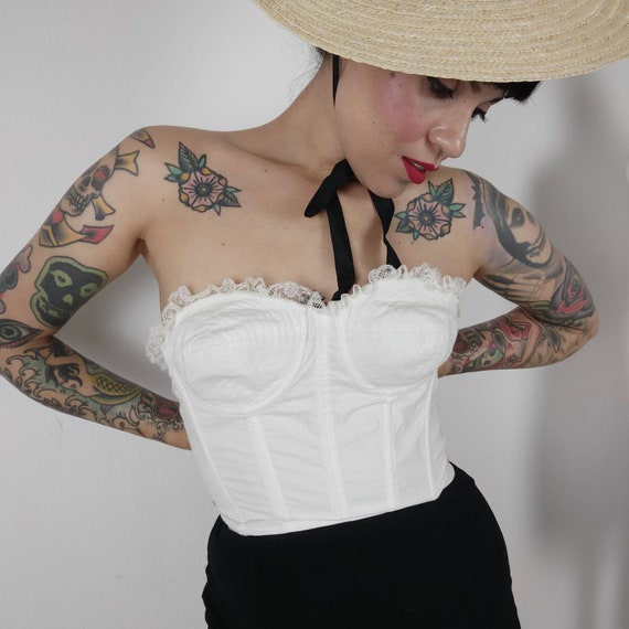 1950s White Ruffled BUSTIER Bullet Bra, 40s-50s Bu