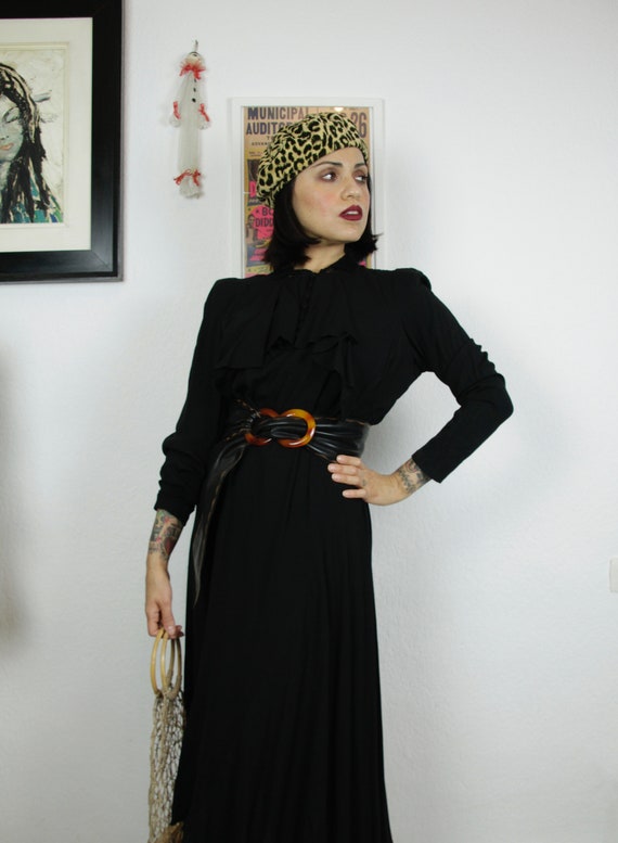 1930s-1940s Black Art Deco Dress With Ruffled Coll
