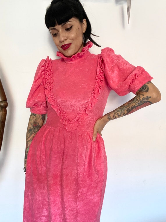 1980s Barbie Pink Velour Baby Doll Dress, Vintage