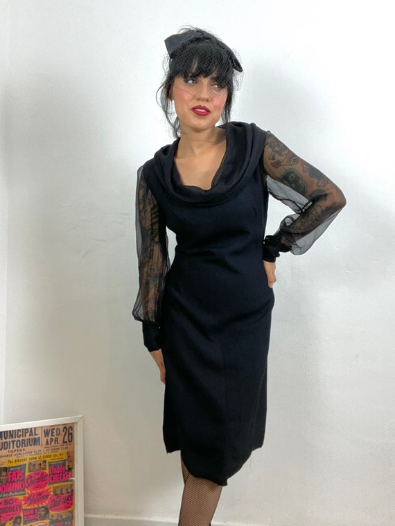 1960s Black Sheath Mod Dress, Cowl Neck, 1960s Par
