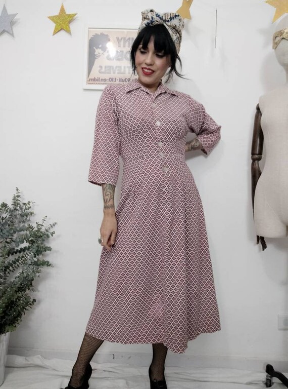 1940s-1950a Cotton Day Dress, 1940's Dress, Shirtw