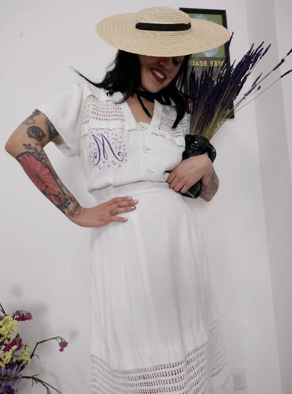 1940s Lady M Embroidered Initial Rayon Day Dress,