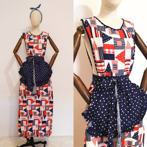 1960s-1970s Patchwork Print Pinafore Prairie Apron