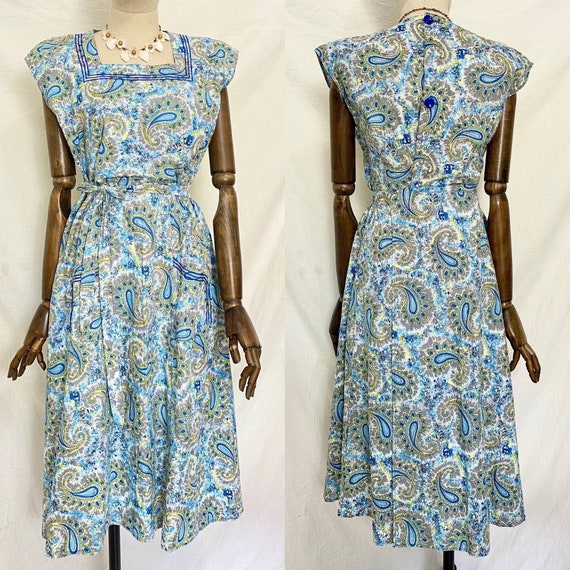 1940s Abstract Print Cotton day Housedress, Mid Ce