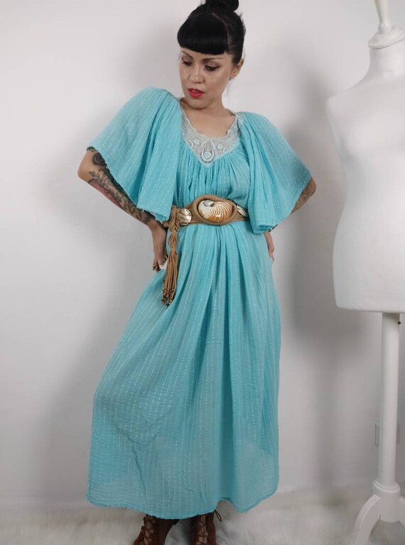 1970s Greek Baby Blue Cotton Gauze Kaftan and 1980