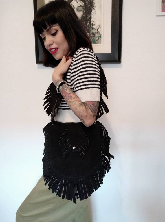 1960s-1970s Black Suede Fringe Purse, 1970s Boho G