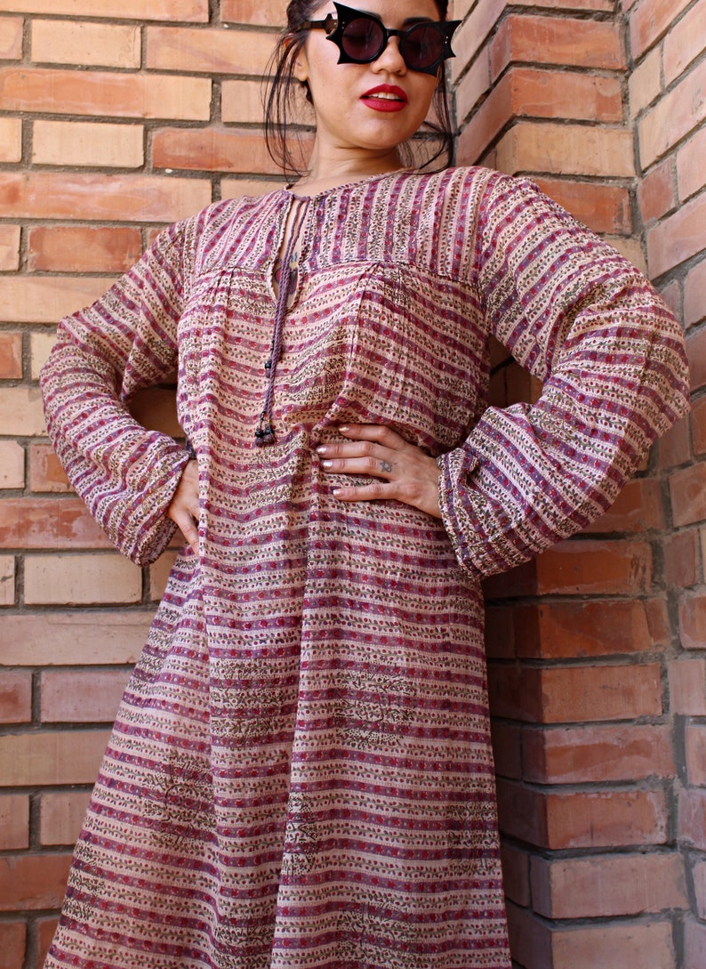 Indian Gauze Cotton Bohemian Gypsy Dress vintage 1970s Indian cotton Dress sheer Cotton dress Boho Maxi Dress