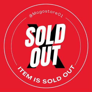 Könnte beinhalten: Eine kreisförmige rote Grafik mit dem Text @Mogostore01 oben, einem großen schwarzen Buchstaben X in der Mitte und den Worten SOLD OUT in fetten weißen Großbuchstaben. Der Satz ITEM IS SOLD OUT ist in Weiß entlang der unteren Kurve aufgedruckt.