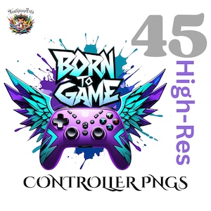 Puede incluir: Un mando de videojuegos morado con alas turquesas y moradas y las palabras "Born to Game". La imagen incluye el texto "45 High-Res Controller PNGs". El mando tiene una cruceta negra y varios botones de colores.
