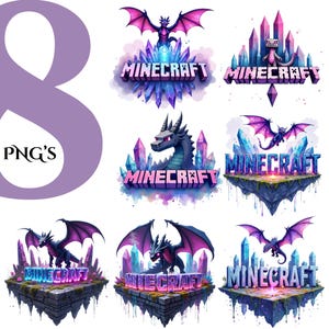 8 Magical MineArt Dragon PNGs – Fantasy Floating Island & Crystal Pixel Art Clipart Bundle