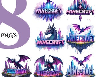 8 Magical MineArt Dragon PNGs – Fantasy Floating Island & Crystal Pixel Art Clipart Bundle