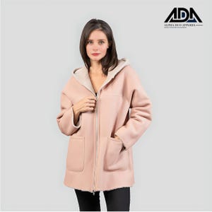 Reversible Sheepskin Faux Fur Hooded Jacket: Baby Pink & Skin Tone