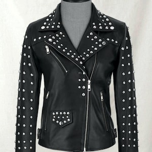 Women&#39;s Studded Leather Biker Jacket | Black Punk Rock Moto Jacket | Handmade Cowhide Motorcycle Fashion Coat